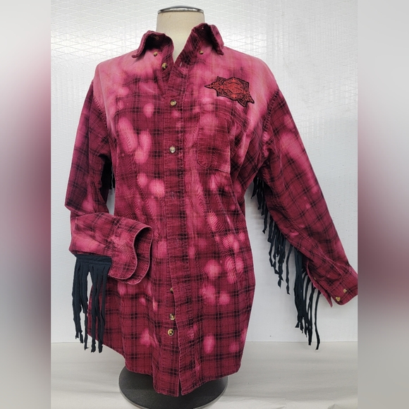 Iron Wheels Moto Flannel Shirt Shacket Harley Davidson Patch & Fringe Upcycled - Picture 8 of 13